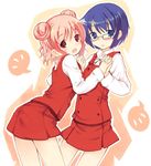  blue_eyes blue_hair blush double_bun glasses hidamari_sketch hiro holding_hands interlocked_fingers kurasuke leaning_forward multiple_girls pink_hair red_eyes sae school_uniform short_hair 