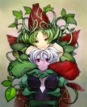  breasts cleavage duel_monster elemental_hero_poison_rose elf flower green_eyes highres large_breasts multiple_girls plant plant_girl pointy_ears pupps queen_of_thorns red_eyes rose white_hair yuri yuu-gi-ou yuu-gi-ou_duel_monsters 