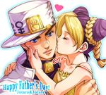  1girl bare_shoulders blue_eyes braid closed_eyes coat collarbone diamond_wa_kudakenai double_bun earrings father's_day father_and_daughter gakuran hands hat heart hug jewelry jojo_no_kimyou_na_bouken kiss kuujou_jolyne kuujou_joutarou multicolored_hair school_uniform shako_cap tetsukuzu_tetsuko younger 