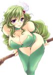  bent_over blush breasts choker cleavage detached_sleeves final_fantasy final_fantasy_iv flieger green_hair green_leotard hair_ornament large_breasts leotard older purple_eyes rydia solo staff thighhighs 