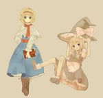  alice_margatroid apron arms_up bad_id bad_pixiv_id beige_background blonde_hair blue_eyes book boots braid capelet full_body grimoire hat kirisame_marisa knee_boots long_hair long_sleeves looking_at_viewer multiple_girls noise_(hakusen) simple_background single_braid standing touhou very_long_hair waist_apron witch_hat 