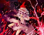  dress electricity hat looking_at_viewer looking_back mob_cap pink_dress polearm puffy_short_sleeves puffy_sleeves red_eyes remilia_scarlet short_sleeves silver_hair solo spear tokiame touhou wallpaper weapon 