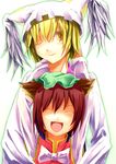  animal_ears bad_id bad_pixiv_id blonde_hair brown_hair cat_ears chen closed_eyes hat long_sleeves multiple_girls pillow_hat reitsuki_kazuma ribbon short_hair smile tassel touhou white_background yakumo_ran yellow_eyes 