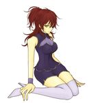  bad_id bad_pixiv_id boots breasts cleavage gundam gundam_00 large_breasts lowres nena_trinity ponytail red_hair sakichi_(skc-m) see-through shorts side_ponytail sitting solo thigh_boots thighhighs yellow_eyes 
