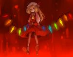  ascot blonde_hair eiko_(pixiv) flandre_scarlet floating hat hat_ribbon long_hair navel one_side_up ponytail red red_eyes ribbon shoes short_hair short_sleeves skirt solo source_request touhou wings 