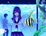  1girl aquarium fish fish_tank glasses long_hair original purple_eyes school_uniform tamachi_kuwa 