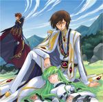  2boys c.c. code_geass green_hair kimura_takahiro kururugi_suzaku lap_pillow lelouch_lamperouge multiple_boys official_art ookouchi_ricca sleeping watermark 