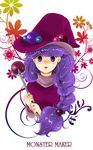  azuko_(@zuco) braid copyright_name hat jewelry long_hair monster_maker purple_eyes purple_hair rufia_(monster_maker) solo wand witch witch_hat 
