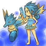  :| bare_shoulders barefoot blue_hair blush_stickers closed_mouth dress gen_1_pokemon gun hand_on_hip hitec moemon personification pokemon pokemon_(creature) ponytail ribbon seadra v-shaped_eyebrows water_gun weapon 