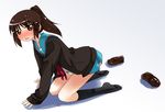  akino_sora all_fours bad_id bad_pixiv_id blue_sailor_collar blush brown_eyes brown_hair genderswap genderswap_(mtf) kita_high_school_uniform kneeling kyonko ponytail sailor_collar school_uniform serafuku socks solo suzumiya_haruhi_no_yuuutsu 