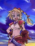  :d artist_request belt blonde_hair blue_sky brown_gloves chrono_cross cloud gloves green_eyes high_ponytail kid_(chrono_cross) looking_at_viewer lowres morning multi-tied_hair open_mouth outdoors ponytail sky smile solo sunrise 