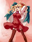  :d ahoge arms_up artist_request blonde_hair blush breasts brown_legwear christmas chrono_cross kid_(chrono_cross) large_breasts long_hair long_sleeves looking_at_viewer open_mouth purple_eyes smile solo thighhighs very_long_hair wavy_mouth zettai_ryouiki 