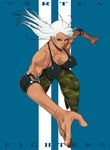  breasts brown_eyes camouflage cargo_pants dark_skin elbow_pads foreshortening g-room_honten impossible_clothes large_breasts long_hair muscle muscular_female pants perspective solo vanessa_lewis virtua_fighter white_hair 