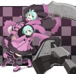  aqua_eyes aqua_hair checkered dogs:_bullets_&amp;_carnage gun huge_weapon luki multiple_girls noki short_hair striped striped_legwear tansuke thighhighs weapon 