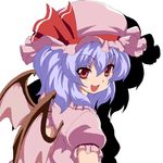  back bangs bat_wings blue_hair eyebrows_visible_through_hair frilled_shirt_collar frills hair_between_eyes hat hat_ribbon heaven-moon looking_at_viewer looking_back lowres mob_cap open_mouth pink_hat pink_shirt puffy_short_sleeves puffy_sleeves red_eyes red_ribbon remilia_scarlet ribbon shadow shirt short_hair short_sleeves smile solo touhou white_background wings 