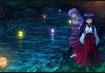  blue_hair blush closed_eyes detached_sleeves furude_rika hakama hanyuu highres higurashi_no_naku_koro_ni horns japanese_clothes lantern long_hair miko multiple_girls mutsuki_(moonknives) nature night paper_lantern purple_eyes purple_hair red_hakama river smile 