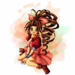  aerith_gainsborough bad_id bad_pixiv_id boots bow brown_hair cropped_jacket dattyo dress drill_hair final_fantasy final_fantasy_vii green_eyes hair_bow long_hair pink_bow pink_dress ponytail smile solo 