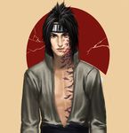  headband heterochromia idnar male_focus naruto naruto_(series) open_clothes open_shirt realistic shirt solo uchiha_sasuke uchiha_symbol 