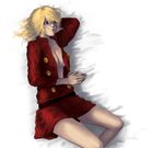  arm_pillow bangs bed_sheet belt blonde_hair blue_eyes breasts center_opening cleavage closed_mouth cyborg_009 double-breasted feet_out_of_frame francoise_arnoul frown haruki long_sleeves looking_away lying medium_breasts medium_hair no_hairband on_bed on_side open_clothes open_shirt shirt short_hair skirt solo swept_bangs unbuttoned white_background 