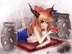  :d alcohol bare_arms blue_dress bow bowl bowtie buckle cup dress drunk feet_up full_body hair_bow horns ibuki_suika long_hair looking_at_viewer lying miya9 no_shoes on_stomach open_mouth red_bow red_eyes red_neckwear sakazuki sake smile solo touhou very_long_hair wrist_cuffs 