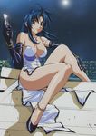  absurdres anklet bare_shoulders blue_hair bracelet breasts brown_eyes chidori_kaname cross derivative_work elbow_gloves full_metal_panic! gloves gun high_heels highres jewelry large_breasts legs long_hair long_legs shoes sitting solo stairs strap_slip third-party_edit weapon 