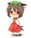  :&lt; aisora animal_ears blush brown_hair cat_ears cat_tail chen chibi hat multiple_tails red_eyes short_hair solo tail tears touhou 