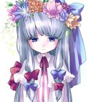  alternate_hair_color bow capelet colorized flower hair_bow hair_flower hair_ornament long_hair myaaco patchouli_knowledge purple_eyes ribbon silver_hair solo touhou 