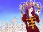  blush code_geass cornelia_li_britannia flower gate gloves higi_(rodriguez) lipstick makeup purple_eyes purple_hair rose smile solo wallpaper wavy_hair 