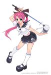  golf green_eyes hana_(pangya) hands hoon_park_jeong kneehighs legs midriff open_mouth pangya pink_hair ponytail school_uniform shoes skirt socks solo transparent_background 