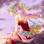  bow earrings final_fantasy final_fantasy_vi green_hair jewelry long_hair pantyhose pink_bow ponytail ribbon solo tina_branford warui_hito 