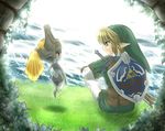  1girl blonde_hair blue_eyes imp link master_sword midna pointy_ears riolabo shield sword the_legend_of_zelda the_legend_of_zelda:_twilight_princess weapon 
