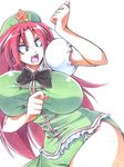  angry bad_id bad_pixiv_id beret bow breasts curvy green_eyes hat hong_meiling huge_breasts long_hair open_mouth red_hair solo touhou ushi wide_hips 