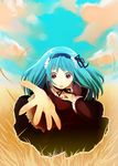  :o blue_hair brown_eyes cloud copyright_request face field foreshortening hairband hands long_hair open_mouth outstretched_hand sky solo watarai_keiji wheat wide-eyed 
