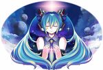  blue_hair blue_nails chan_co closed_eyes hatsune_miku headset long_hair nail_polish necktie planet smile solo sparkle star twintails upper_body vocaloid 