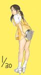  anna_miller back bad_id bad_pixiv_id brown_hair covering covering_ass derivative_work from_behind high_heels ibanen legs long_hair looking_back original shoes solo tray twintails waitress yellow_background 