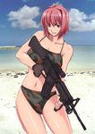  assault_rifle beach bikini blue_eyes camouflage cloud day gun m4_carbine md5_mismatch midriff ocean original otarou_(otamax) outdoors pink_hair rifle short_hair sky solo swimsuit weapon 