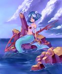  ahoge arm_support armlet bangle blue_eyes blue_hair bracelet choker cloud copyright_request day full_body hair_ornament head_tilt highres horizon jewelry living_clothes looking_at_viewer mermaid monster_girl navel neck_ring ocean outdoors partially_submerged pasties polearm rock scales seashell shell shell_hair_ornament short_hair sitting sky smile solo spear star_pasties starfish tamachi_kuwa weapon 