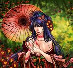  adiane blue_hair breasts camellia cherry_blossoms cleavage colorful flower hair_ornament hairclip japanese_clothes kimono large_breasts lipstick long_hair makeup oriental_umbrella piote red_eyes ribbon smile solo tattoo tengen_toppa_gurren_lagann umbrella 