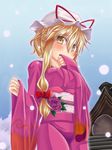 alternate_hairstyle blonde_hair blush flower hat japanese_clothes kimono kuon_yashiro long_hair ribbon solo touhou yakumo_yukari 