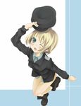  blonde_hair blue_eyes blush boots castle-yu erica_hartmann hat one_eye_closed short_hair solo strike_witches uniform world_witches_series 