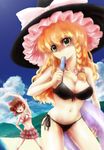  bad_id bad_pixiv_id beach bikini blonde_hair braid breasts cleavage day food green_eyes hakurei_reimu hat innertube kirisame_marisa medium_breasts multiple_girls nanai popsicle red_eyes side-tie_bikini side_braid stretch swimsuit touhou witch_hat yellow_eyes 