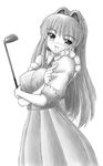  apron clannad dress fujibayashi_kyou greyscale ladle long_hair monochrome muguru solo 