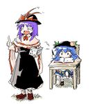  :&gt; blue_hair book capelet closed_eyes food fruit harunatsu_akito hat hinanawi_tenshi leaf multiple_girls nagae_iku peach pencil purple_hair school teaching touhou 