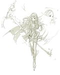  copyright_request elf fantasy green monochrome pointy_ears scythe sketch torn_clothes weapon white_background yocky 