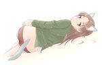  animal_ears back brown_eyes brown_hair long_hair looking_back lying minna-dietlinde_wilcke panties solo strike_witches tail takahashi_mugi underwear world_witches_series 