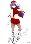  2008 asamiya_athena bare_shoulders blue_eyes boots fishnet_pantyhose fishnets gloves hair_ornament hairband high_heels knee_boots kobayashi_chisato long_hair midriff open_mouth pantyhose purple_hair red_hairband shoes skirt sleeveless sleeveless_turtleneck solo the_king_of_fighters turtleneck 