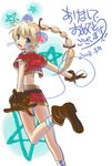  bad_id bad_pixiv_id bandages beads belt blonde_hair blue_eyes boots chrono_cross from_behind gloves hair_ribbon high_ponytail jewelry kid_(chrono_cross) leg_lift long_hair looking_back midriff multi-tied_hair necklace ponytail ribbon skirt solo tota translation_request vest 
