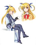  blonde_hair heterochromia highres long_hair lyrical_nanoha mahou_shoujo_lyrical_nanoha_strikers minus_majin one_eye_closed school_uniform thighhighs vivio 