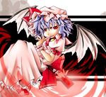  bat_wings dress hat looking_at_viewer mob_cap mumumu pink_dress puffy_short_sleeves puffy_sleeves red_eyes remilia_scarlet short_hair short_sleeves silver_hair solo touhou vampire wings 