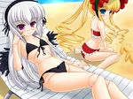  beach bikini blonde_hair chair day doll_joints drill_hair frilled_bikini frills green_eyes katsuragi_niya long_hair lounge_chair multiple_girls purple_eyes rozen_maiden shinku suigintou swimsuit white_hair wings 